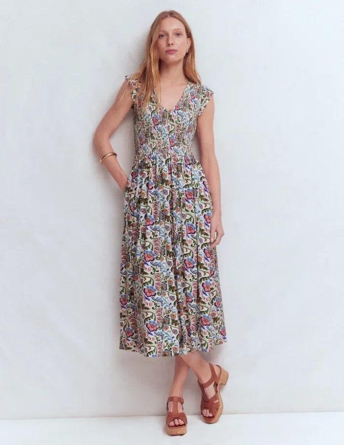 Smocked Jersey Midi Dress Multi, Flourishing Meadow Smocked Jersey Midi Dress Multi, Flourishing Meadow