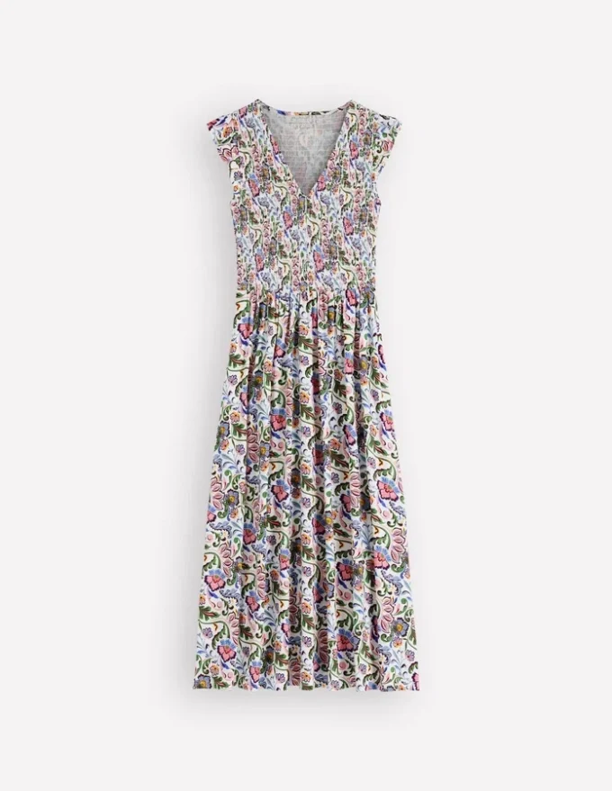 Smocked Jersey Midi Dress Multi, Flourishing Meadow Smocked Jersey Midi Dress Multi, Flourishing Meadow