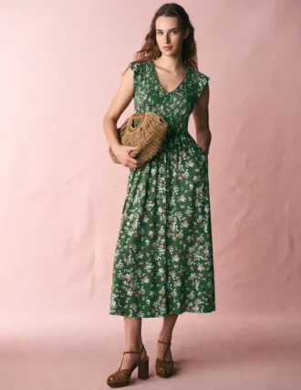 Smocked Jersey Midi Dress Promenade Green, Bloom Scatter