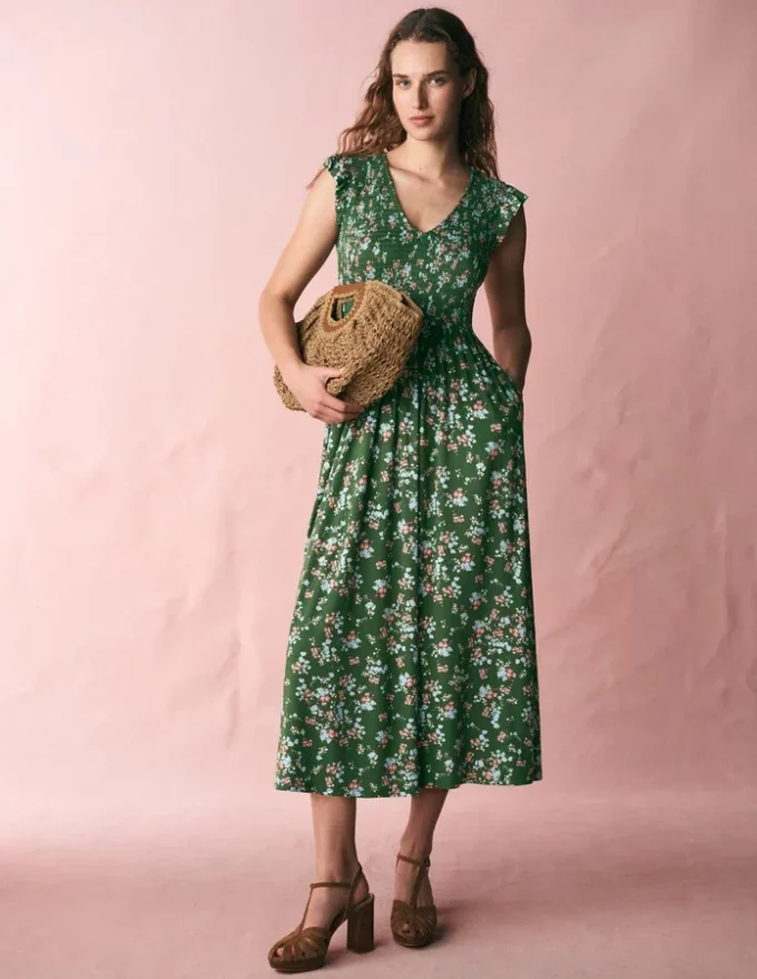 Smocked Jersey Midi Dress Promenade Green, Bloom Scatter Smocked Jersey Midi Dress Promenade Green, Bloom Scatter