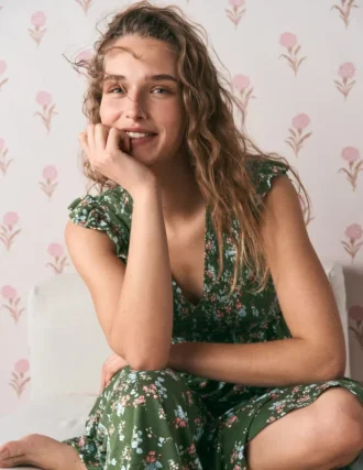 Smocked Jersey Midi Dress Promenade Green, Bloom Scatter