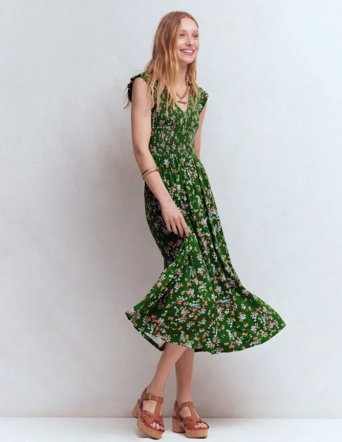 Smocked Jersey Midi Dress Promenade Green, Bloom Scatter Smocked Jersey Midi Dress Promenade Green, Bloom Scatter