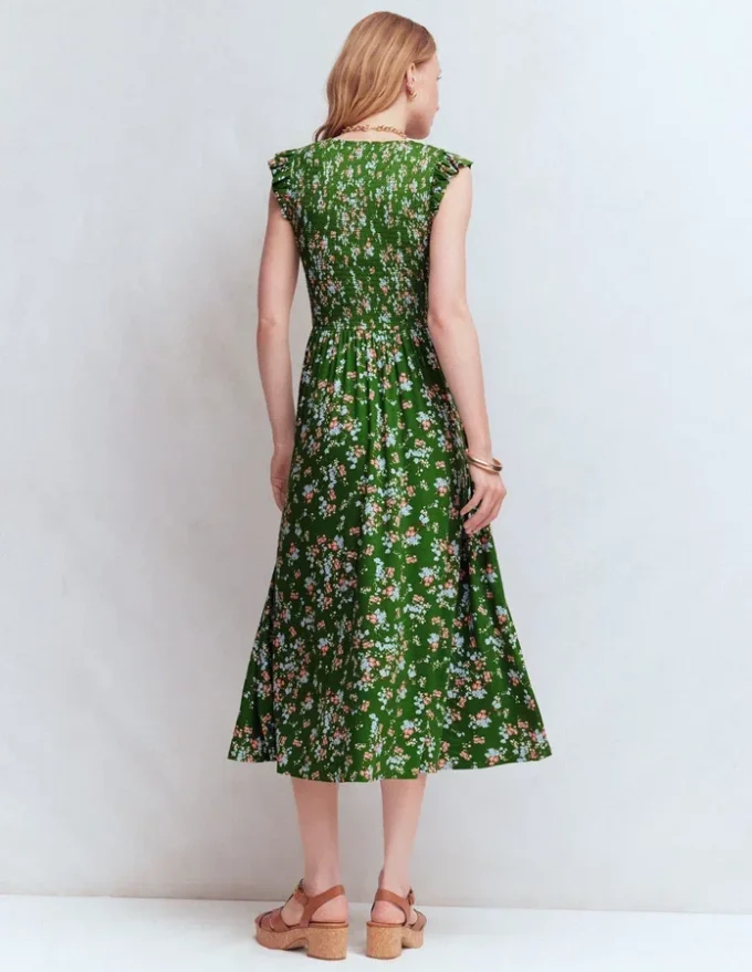 Smocked Jersey Midi Dress Promenade Green, Bloom Scatter Smocked Jersey Midi Dress Promenade Green, Bloom Scatter