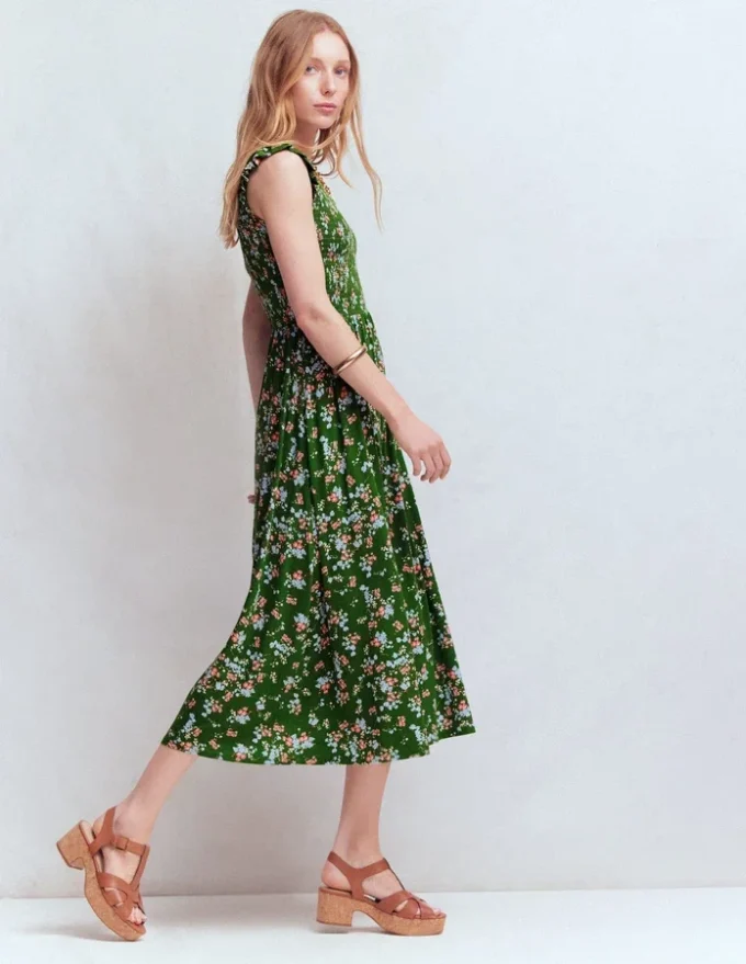 Smocked Jersey Midi Dress Promenade Green, Bloom Scatter Smocked Jersey Midi Dress Promenade Green, Bloom Scatter
