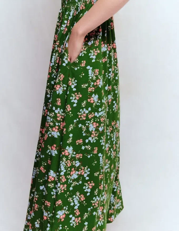 Smocked Jersey Midi Dress Promenade Green, Bloom Scatter Smocked Jersey Midi Dress Promenade Green, Bloom Scatter