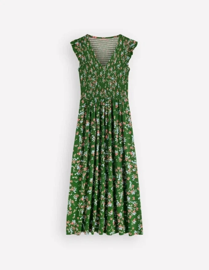 Smocked Jersey Midi Dress Promenade Green, Bloom Scatter Smocked Jersey Midi Dress Promenade Green, Bloom Scatter