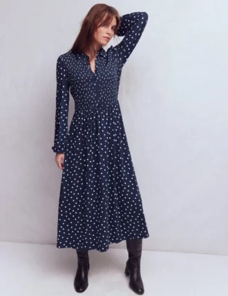 Smocked Jersey Shirt Dress French Navy, Painted Dot