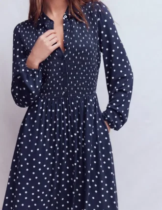 Smocked Jersey Shirt Dress French Navy, Painted Dot