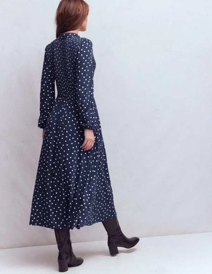 Smocked Jersey Shirt Dress French Navy, Painted Dot Smocked Jersey Shirt Dress French Navy, Painted Dot