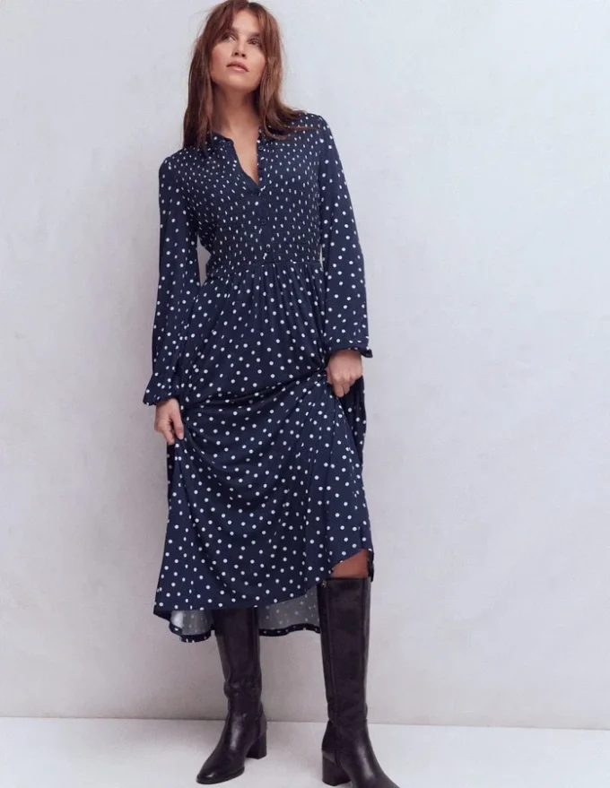Smocked Jersey Shirt Dress French Navy, Painted Dot Smocked Jersey Shirt Dress French Navy, Painted Dot