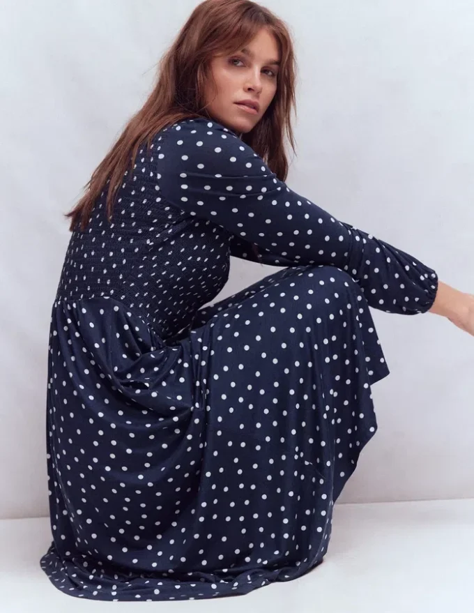 Smocked Jersey Shirt Dress French Navy, Painted Dot Smocked Jersey Shirt Dress French Navy, Painted Dot