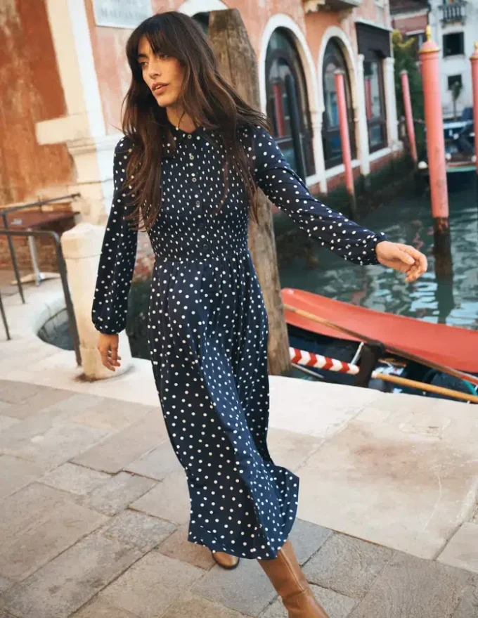 Smocked Jersey Shirt Dress French Navy, Painted Dot Smocked Jersey Shirt Dress French Navy, Painted Dot