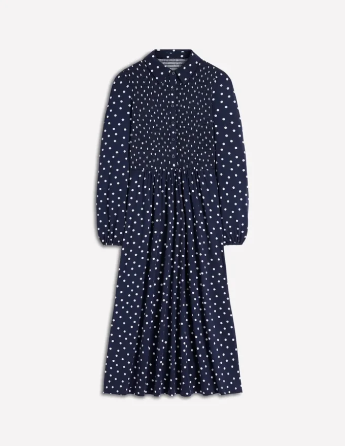 Smocked Jersey Shirt Dress French Navy, Painted Dot Smocked Jersey Shirt Dress French Navy, Painted Dot