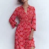 Smocked Jersey Shirt Dress Merida Red, Decorative Blossom Smocked Jersey Shirt Dress Merida Red, Decorative Blossom