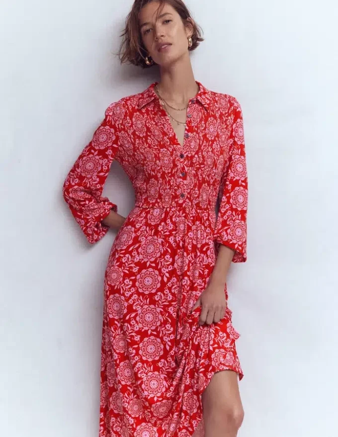 Smocked Jersey Shirt Dress Merida Red, Decorative Blossom Smocked Jersey Shirt Dress Merida Red, Decorative Blossom