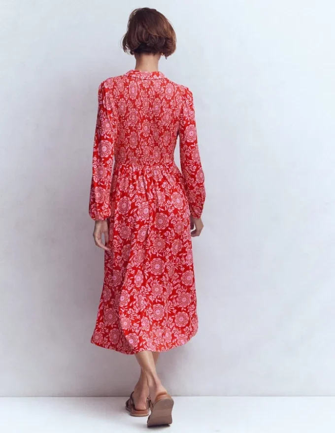 Smocked Jersey Shirt Dress Merida Red, Decorative Blossom Smocked Jersey Shirt Dress Merida Red, Decorative Blossom