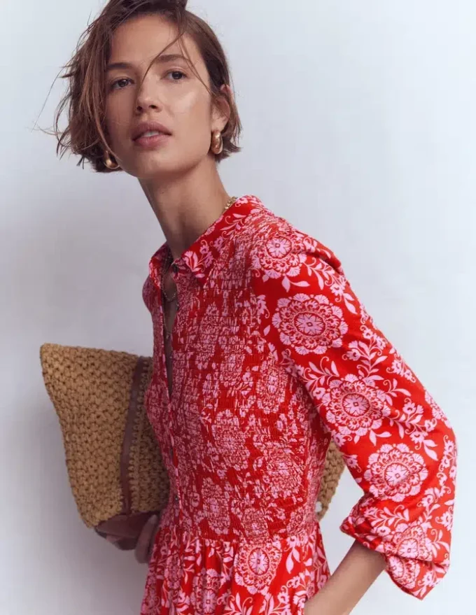 Smocked Jersey Shirt Dress Merida Red, Decorative Blossom Smocked Jersey Shirt Dress Merida Red, Decorative Blossom