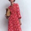 Smocked Jersey Shirt Dress Merida Red, Decorative Blossom Smocked Jersey Shirt Dress Merida Red, Decorative Blossom