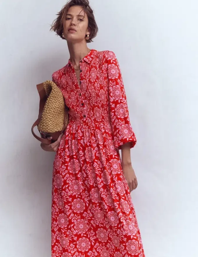 Smocked Jersey Shirt Dress Merida Red, Decorative Blossom Smocked Jersey Shirt Dress Merida Red, Decorative Blossom