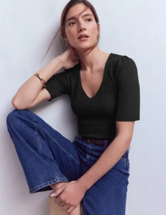 Smocked V Neck Top Black