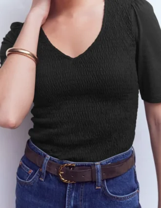 Smocked V Neck Top Black