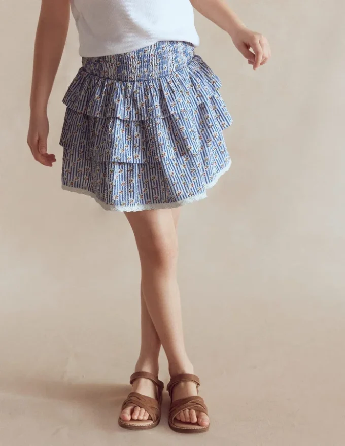 Smocked Waist Ruffle Skirt Bluejay Cherry Stripe