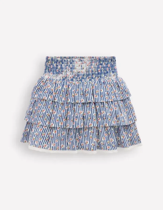 Smocked Waist Ruffle Skirt Bluejay Cherry Stripe