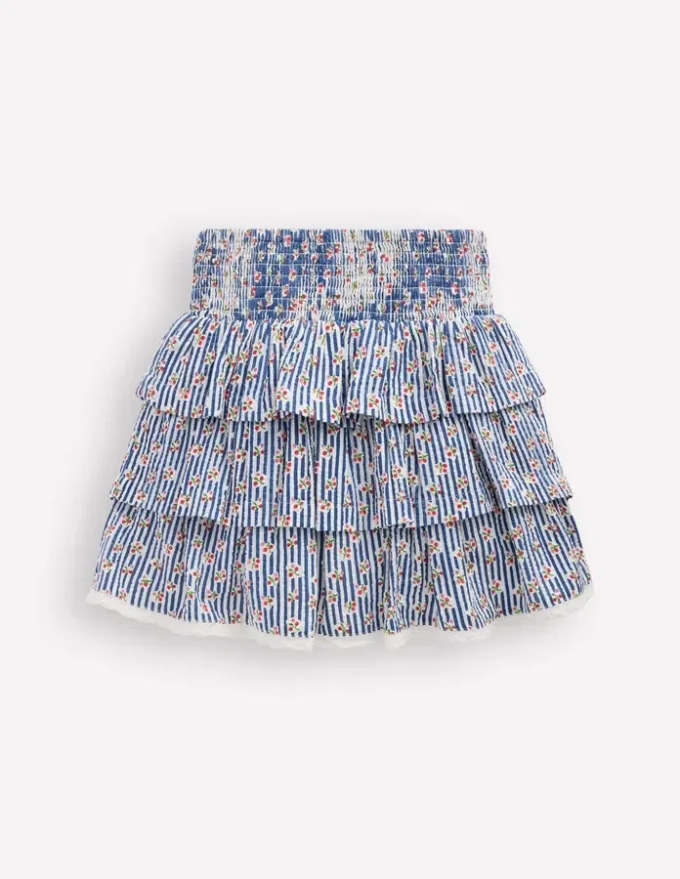 Smocked Waist Ruffle Skirt Bluejay Cherry Stripe