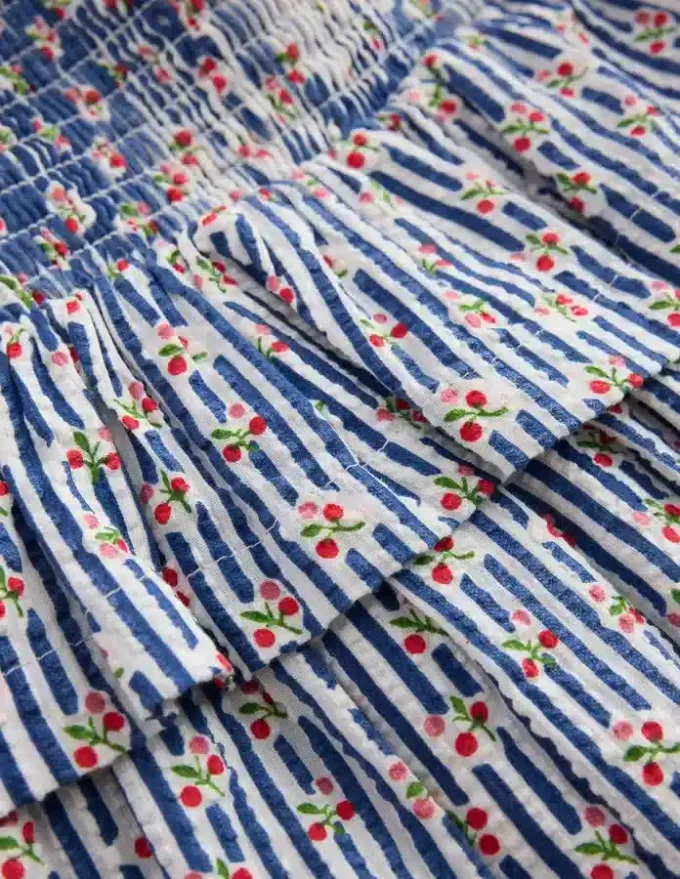 Smocked Waist Ruffle Skirt Bluejay Cherry Stripe