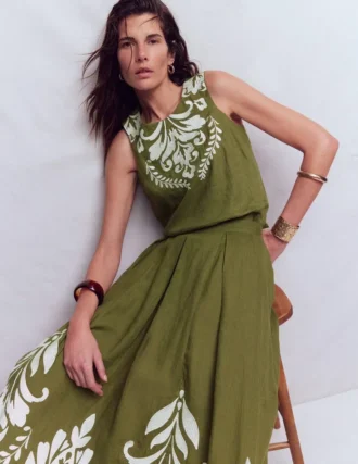 Sofia Embroidered Linen Top Woodland Green