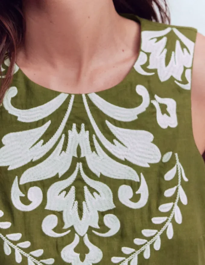 Sofia Embroidered Linen Top Woodland Green Sofia Embroidered Linen Top Woodland Green