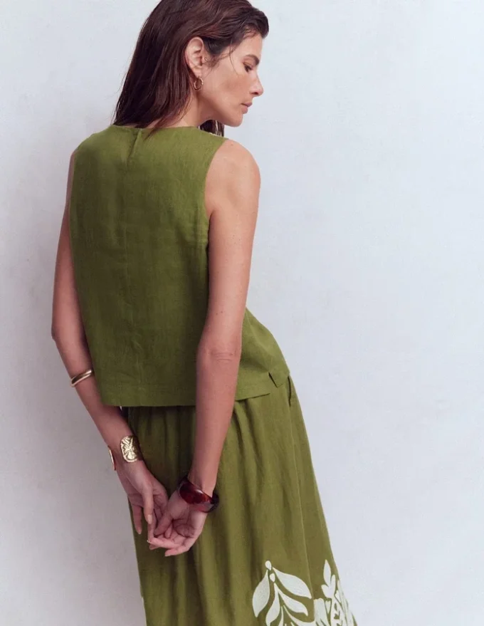 Sofia Embroidered Linen Top Woodland Green Sofia Embroidered Linen Top Woodland Green
