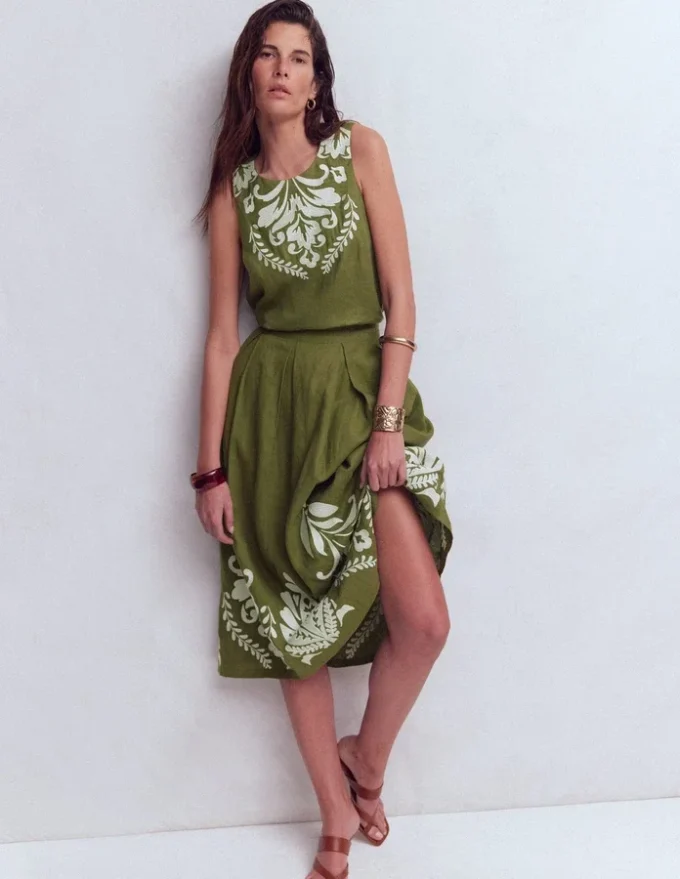 Sofia Embroidered Linen Top Woodland Green Sofia Embroidered Linen Top Woodland Green