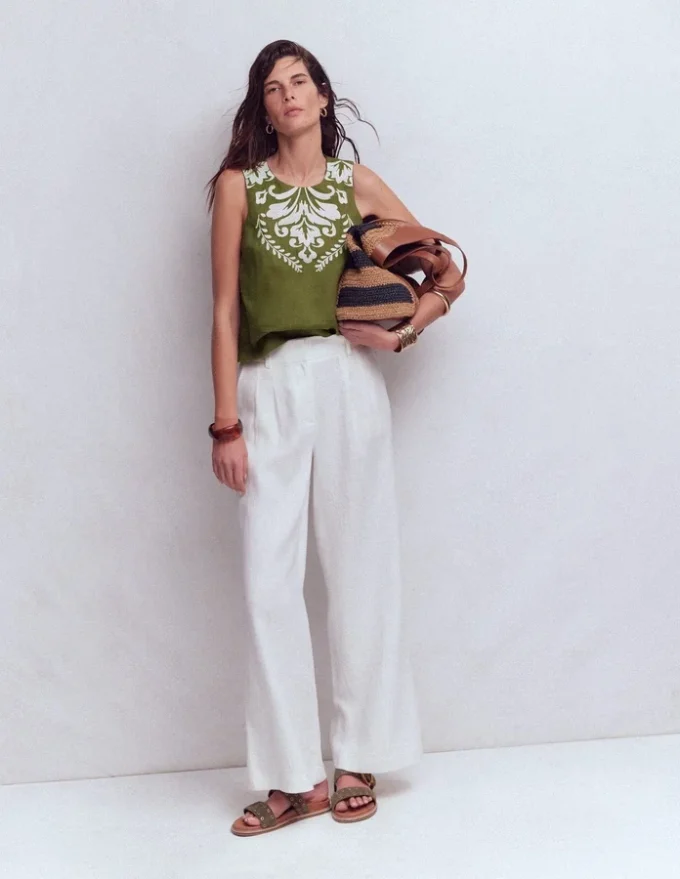 Sofia Embroidered Linen Top Woodland Green Sofia Embroidered Linen Top Woodland Green