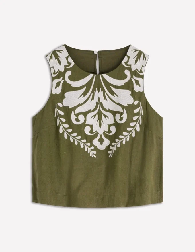 Sofia Embroidered Linen Top Woodland Green Sofia Embroidered Linen Top Woodland Green