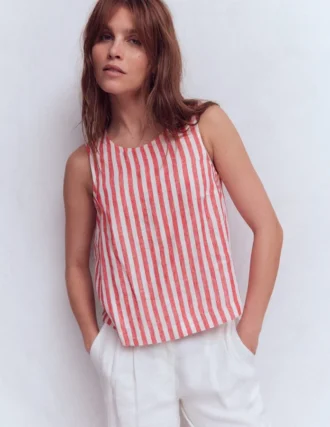 Sofia Linen Top Bright Cherry Stripe