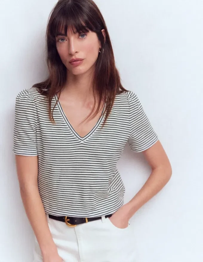 Sophie V-neck Slub T-shirt Ivory, Navy Stripe Sophie V-neck Slub T-shirt Ivory, Navy Stripe