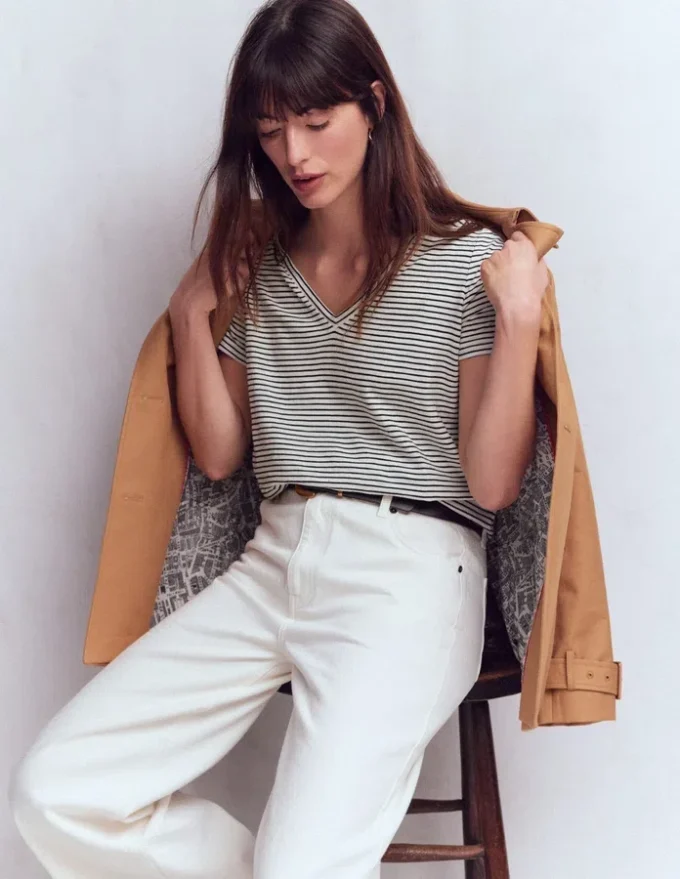 Sophie V-neck Slub T-shirt Ivory, Navy Stripe Sophie V-neck Slub T-shirt Ivory, Navy Stripe