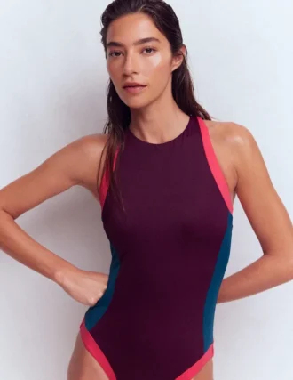 Sporty Rash Guard Swimsuit Purple, Colourblock