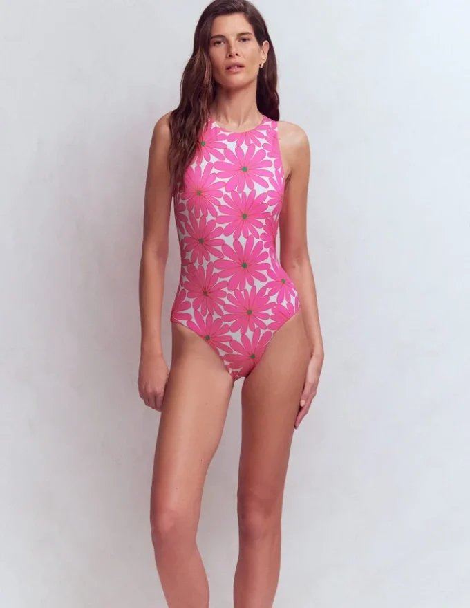 Sporty Rash Guard Swimsuit Sangria Sunset, Daisy Blossom Sporty Rash Guard Swimsuit Sangria Sunset, Daisy Blossom