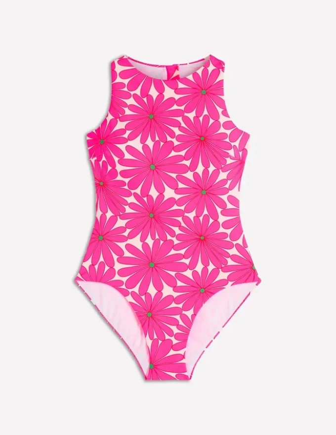 Sporty Rash Guard Swimsuit Sangria Sunset, Daisy Blossom Sporty Rash Guard Swimsuit Sangria Sunset, Daisy Blossom