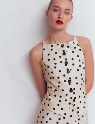 Square Neck Linen Waistcoat Ivory, Painted Dot Spaced