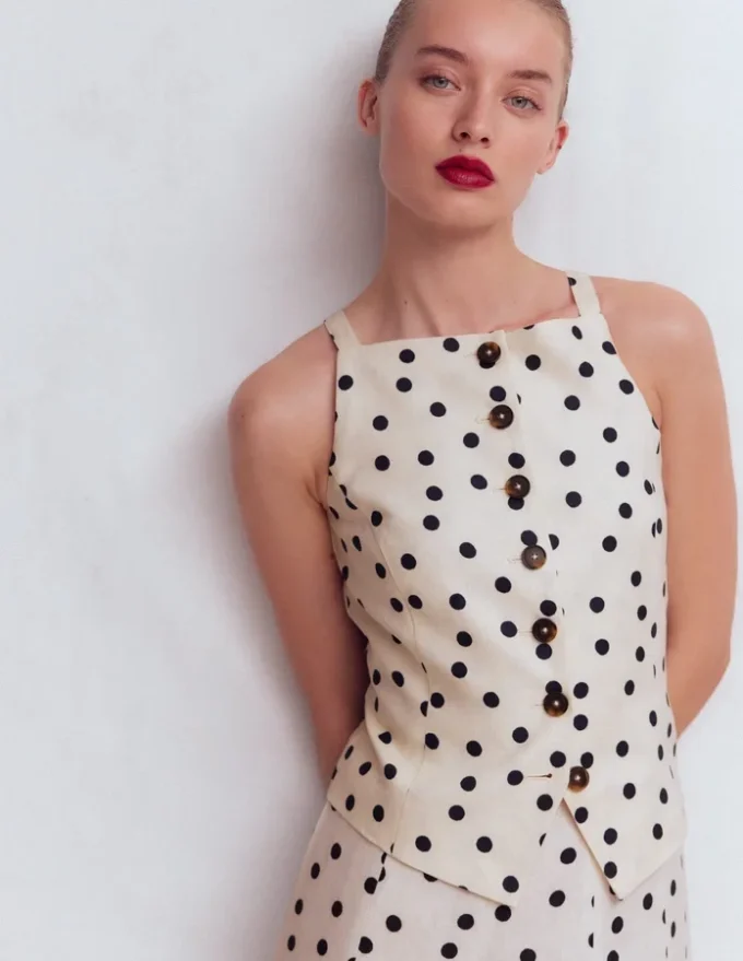 Square Neck Linen Waistcoat Ivory, Painted Dot Spaced Square Neck Linen Waistcoat Ivory, Painted Dot Spaced