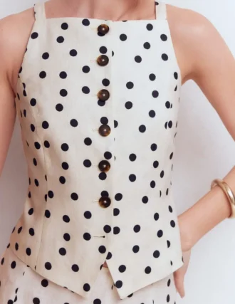 Square Neck Linen Waistcoat Ivory, Painted Dot Spaced