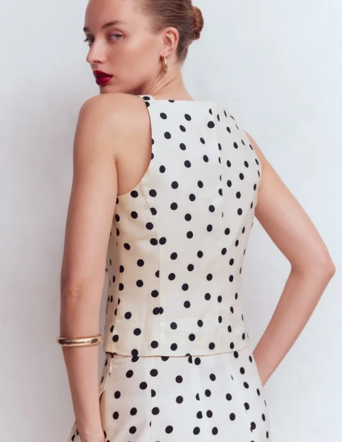 Square Neck Linen Waistcoat Ivory, Painted Dot Spaced Square Neck Linen Waistcoat Ivory, Painted Dot Spaced