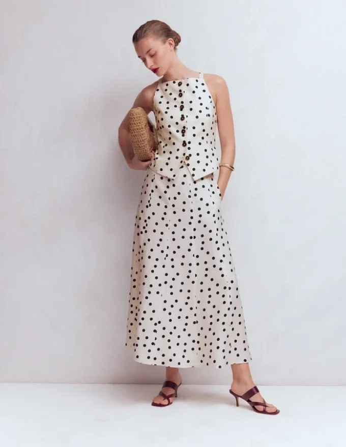 Square Neck Linen Waistcoat Ivory, Painted Dot Spaced Square Neck Linen Waistcoat Ivory, Painted Dot Spaced