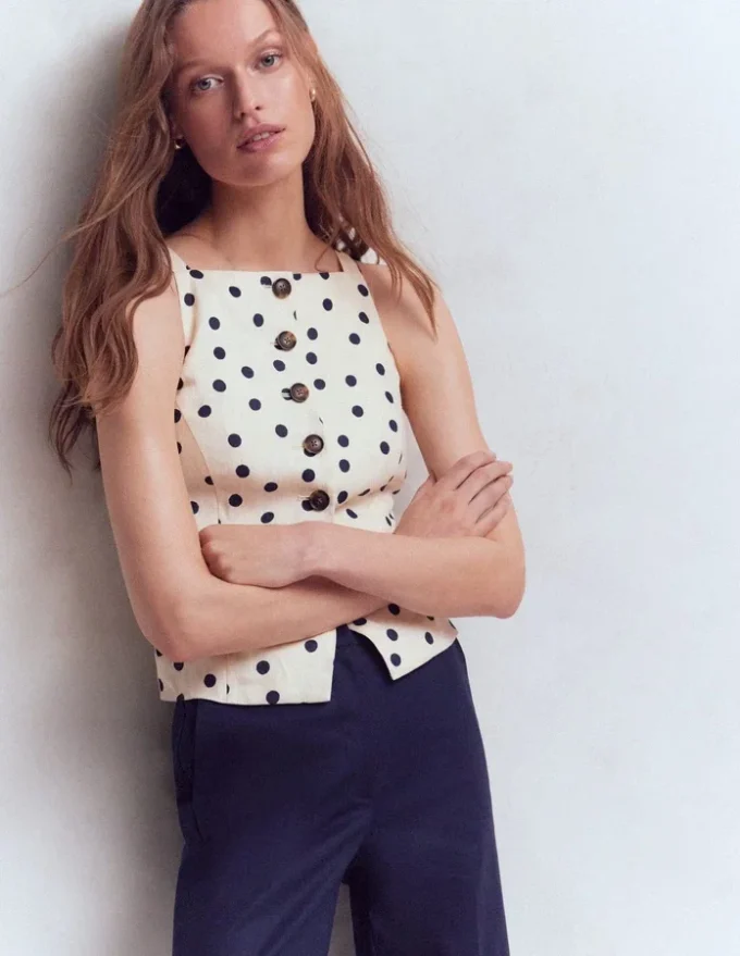 Square Neck Linen Waistcoat Ivory, Painted Dot Spaced Square Neck Linen Waistcoat Ivory, Painted Dot Spaced