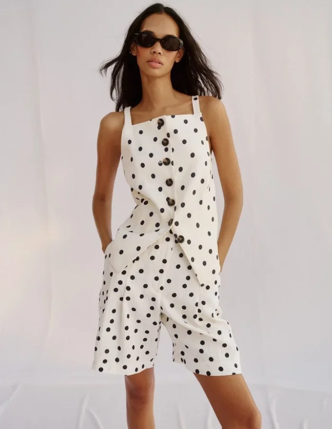 Square Neck Linen Waistcoat Ivory, Painted Dot Spaced Square Neck Linen Waistcoat Ivory, Painted Dot Spaced