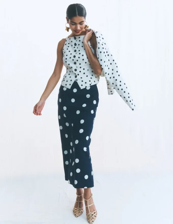 Square Neck Linen Waistcoat Ivory, Painted Dot Spaced Square Neck Linen Waistcoat Ivory, Painted Dot Spaced