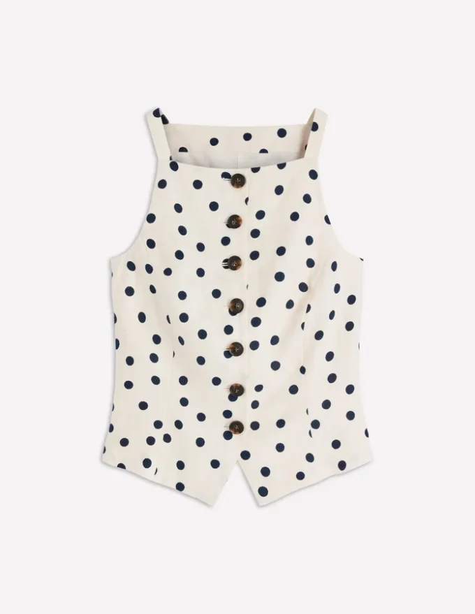 Square Neck Linen Waistcoat Ivory, Painted Dot Spaced Square Neck Linen Waistcoat Ivory, Painted Dot Spaced